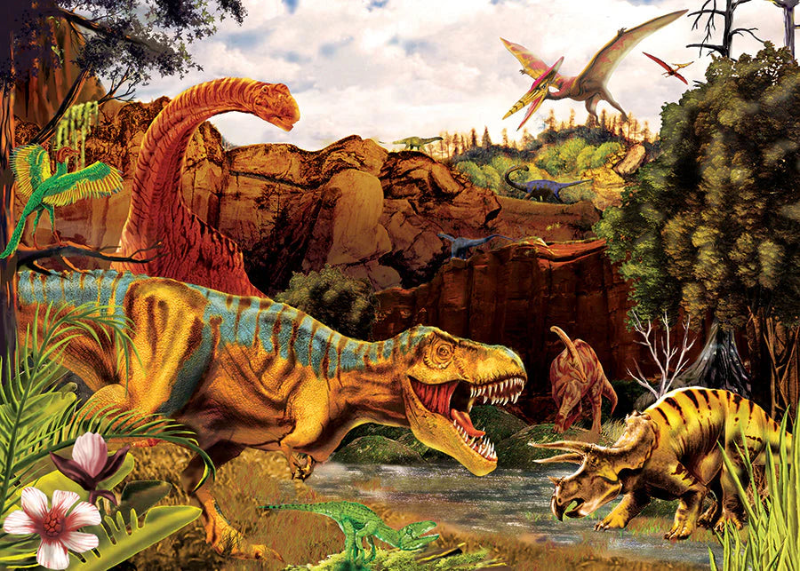 Dinosaur scene with various dinosaurs in a prehistoric landscape