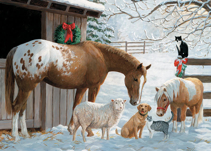 Horses, dogs, and a cat in a snowy scene with a barn.