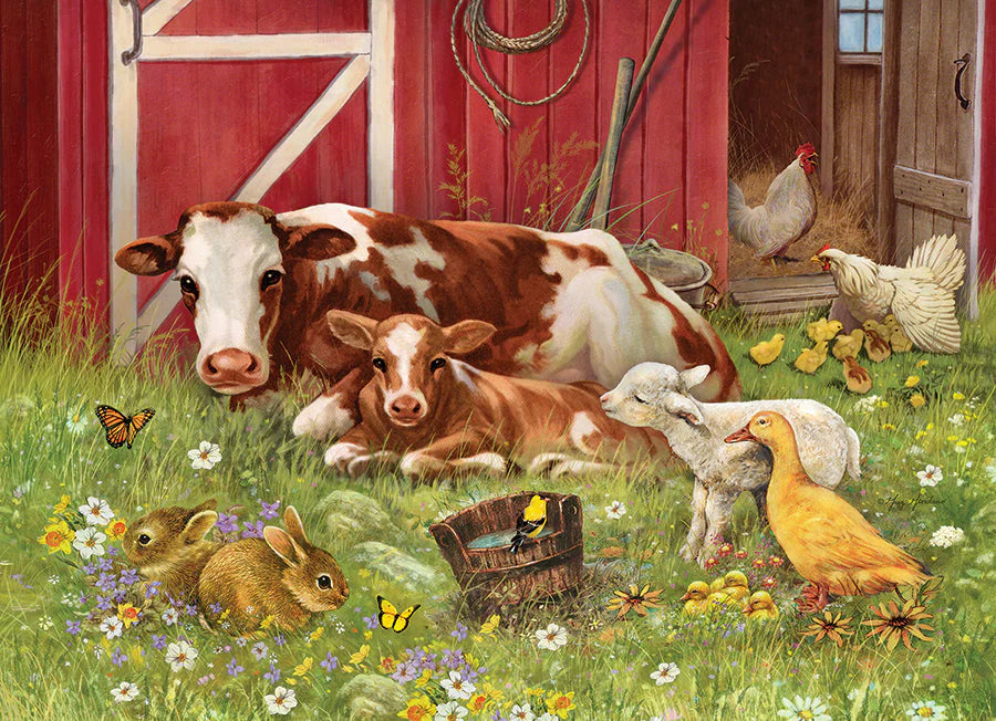 Farm animals including cows, chickens, ducks, and rabbits in a pastoral setting with a red barn.
