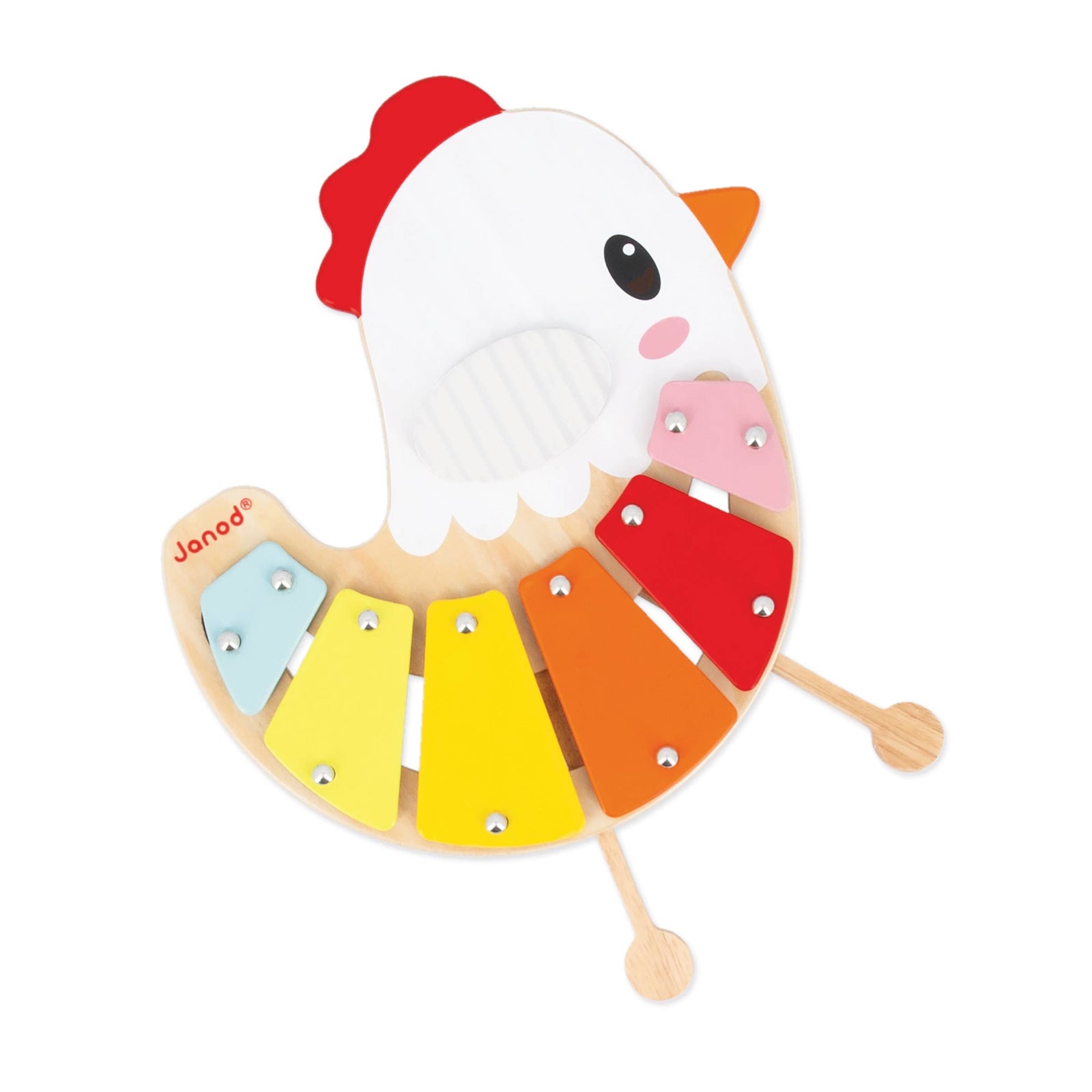 Colorful wooden xylophone shaped like a chicken on a white background