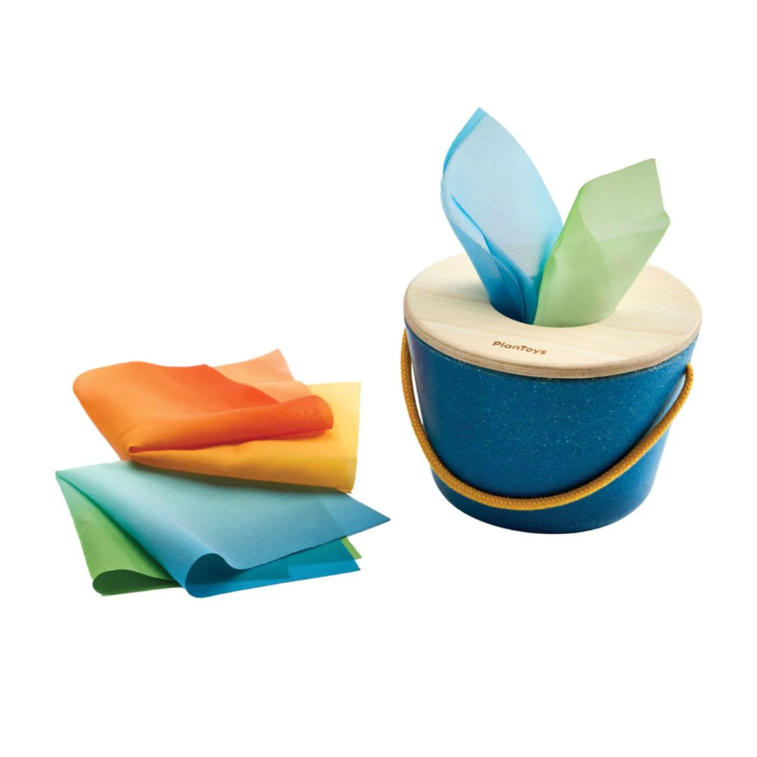 Colorful fabric  folding kit with a blue container on a white background