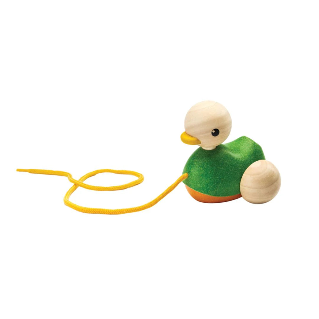 Wooden toy duck with a yellow string on a white background