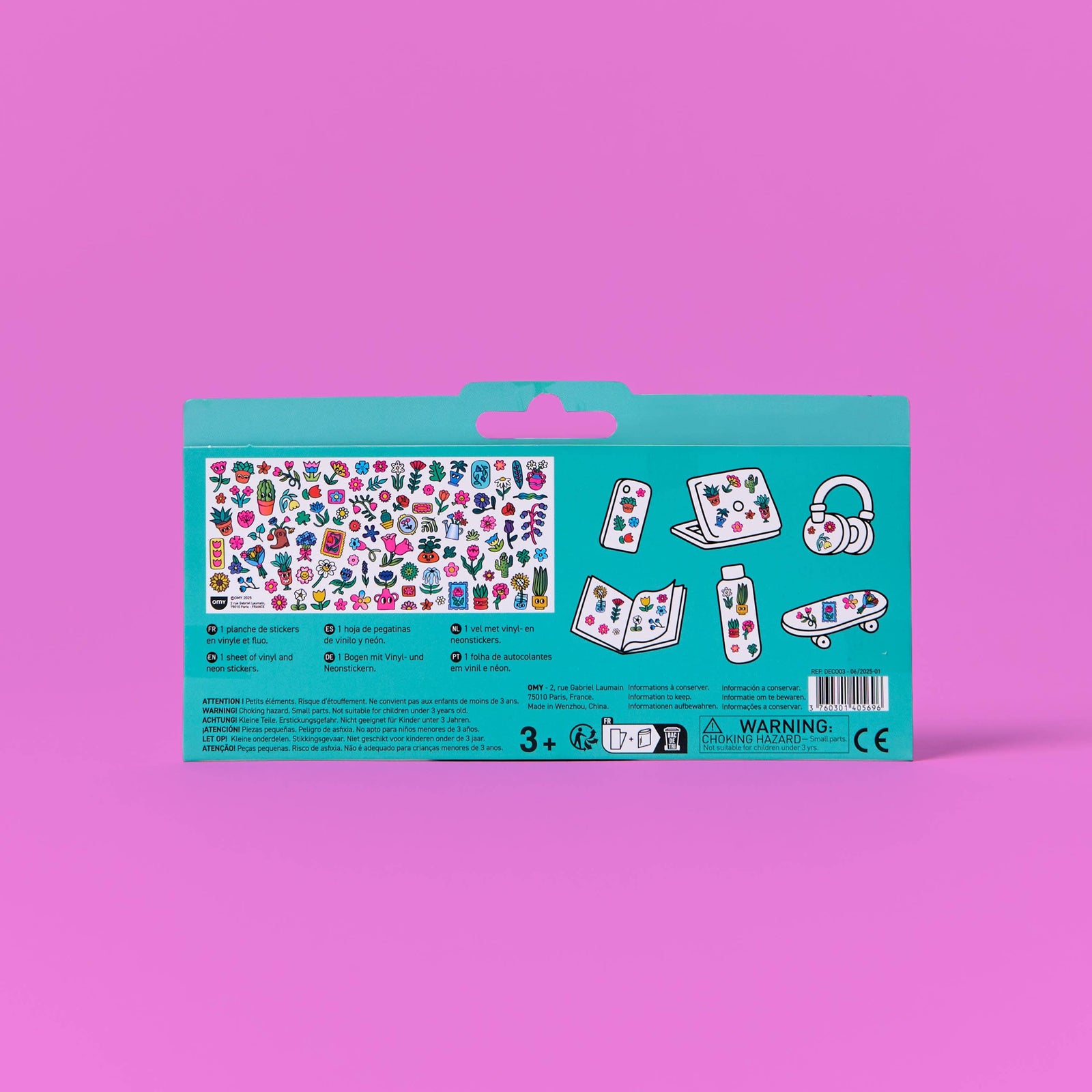 Pack of flower stickers with 'omy' branding on a pink background