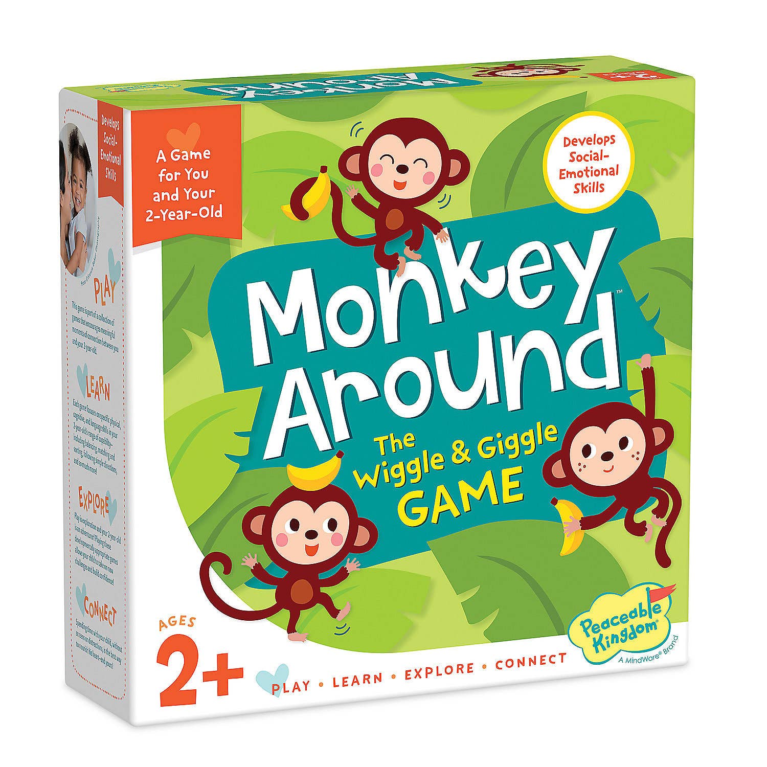 Children's game box titled 'Monkey Around' with cartoon monkeys on a green background.