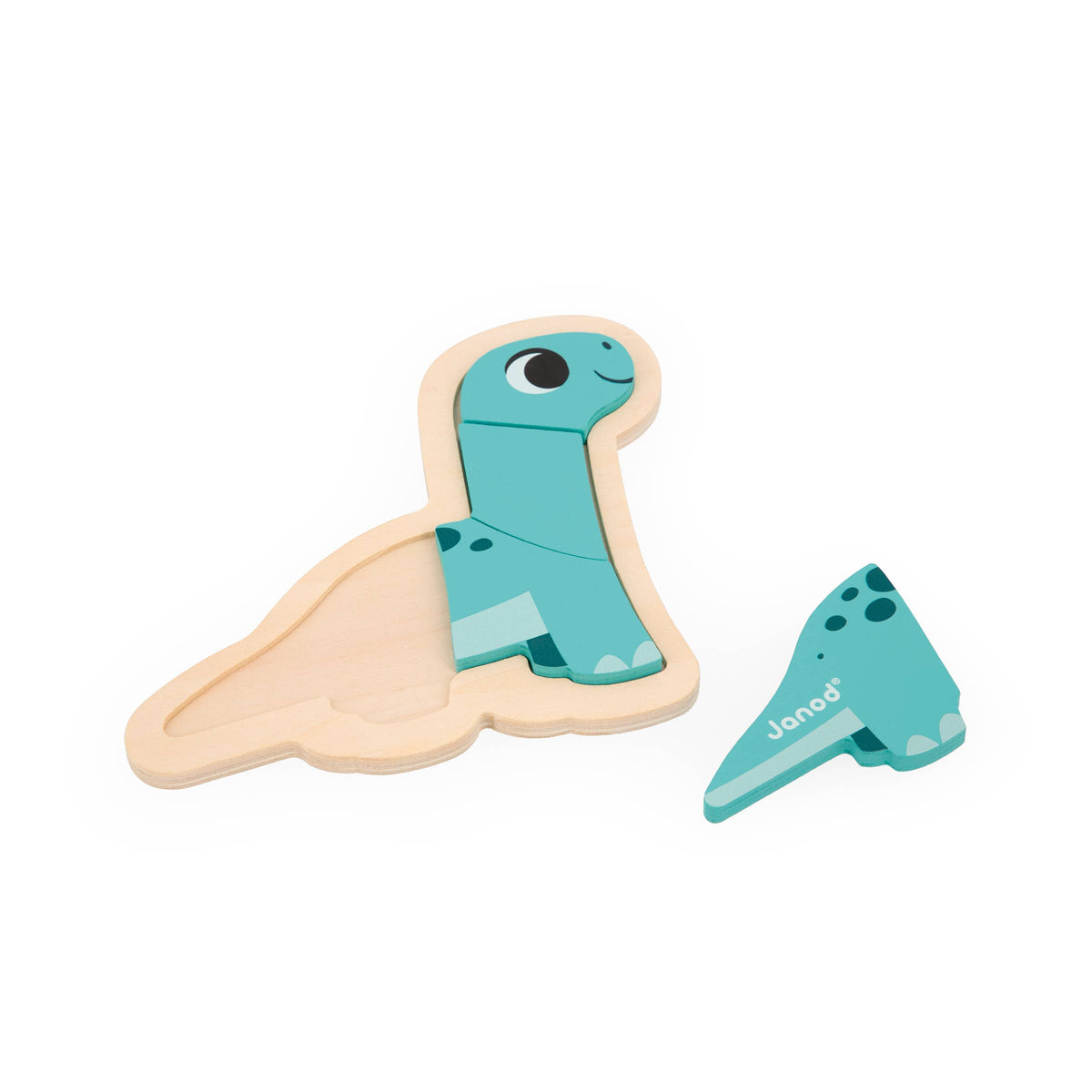 Wooden toy dinosaur with a smaller dinosaur figure on a white background