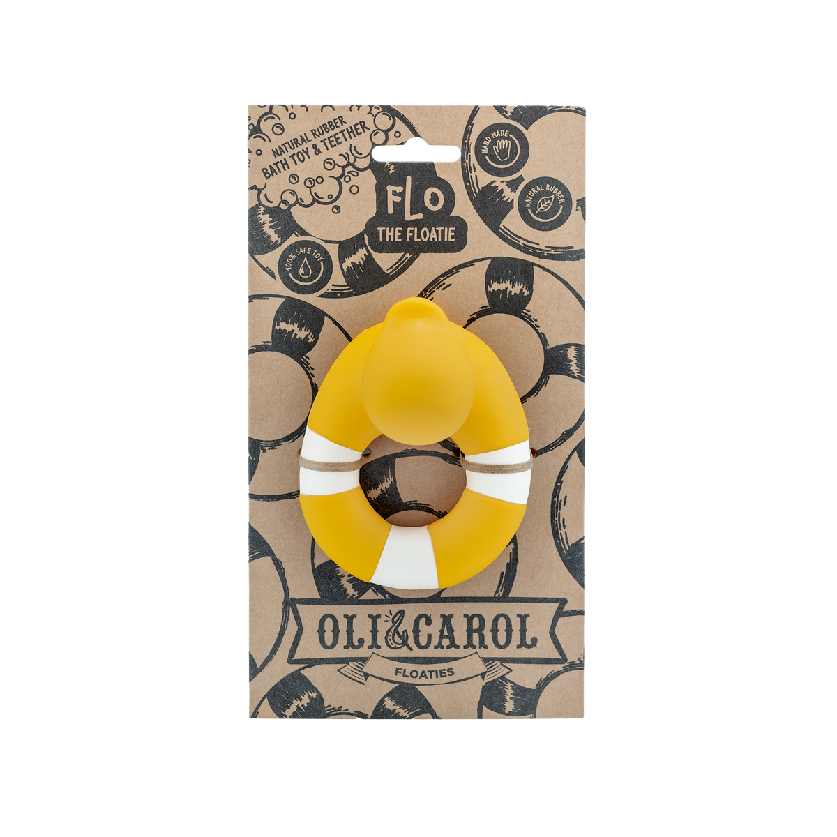 Yellow floatie on a brown packaging with &#39;Oli &amp; Carol&#39; branding
