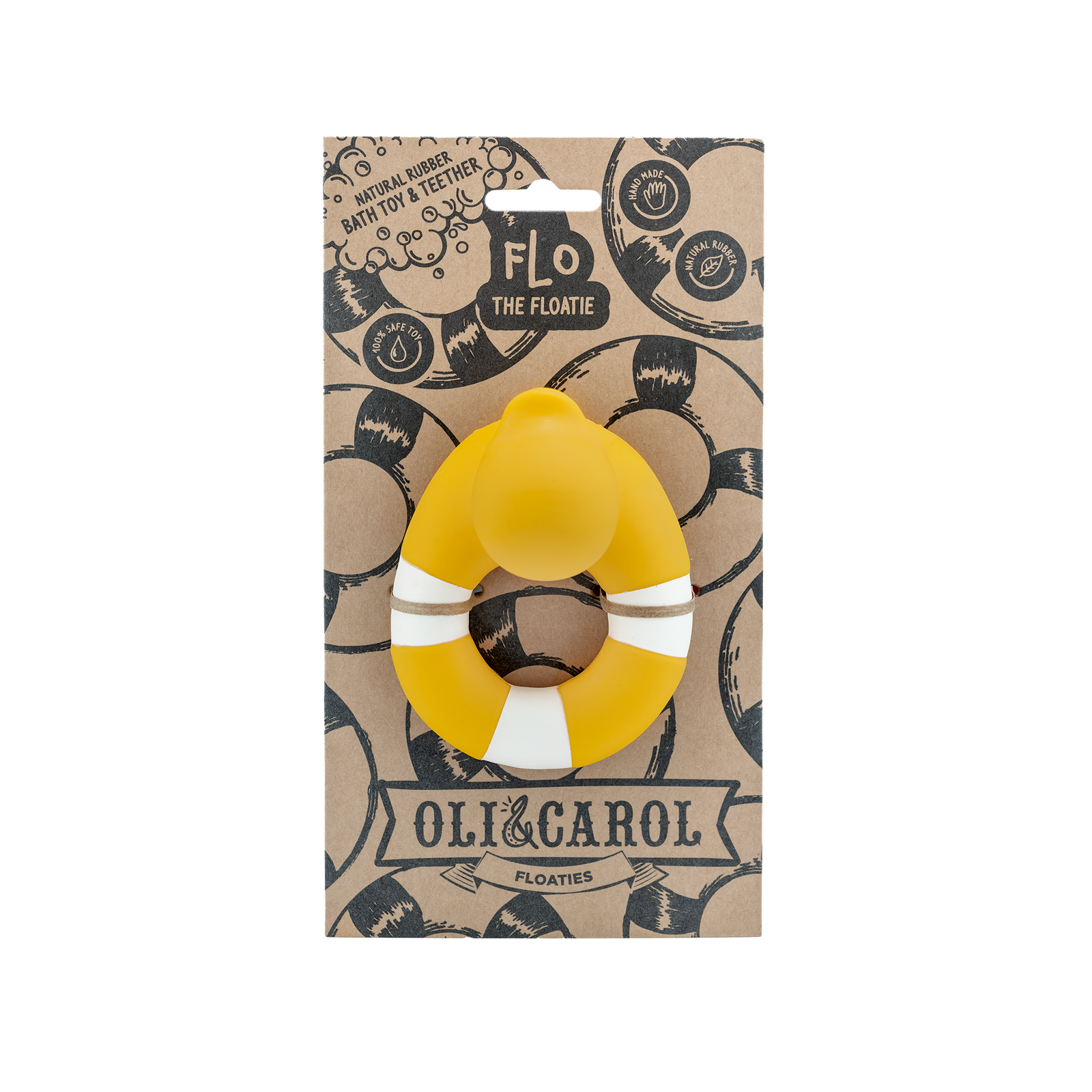 Yellow rubber duck with a white stripe on a white background