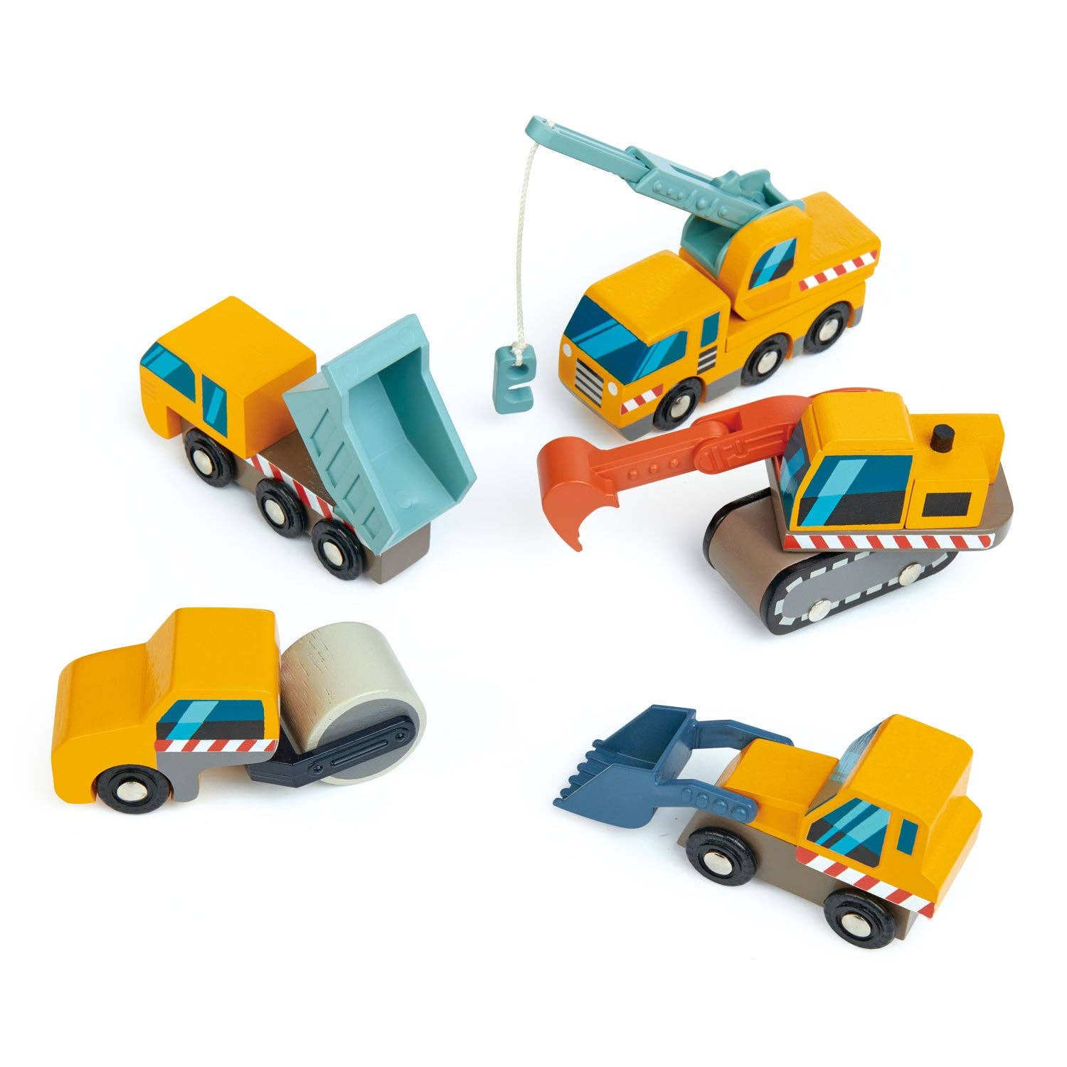 Set of toy construction vehicles including a dump truck, crane, bulldozer, and roller on a white background.