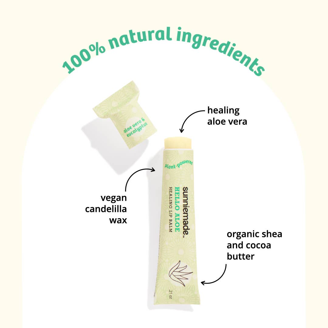 Sunnie Made lip balm with aloe vera slices on a green background