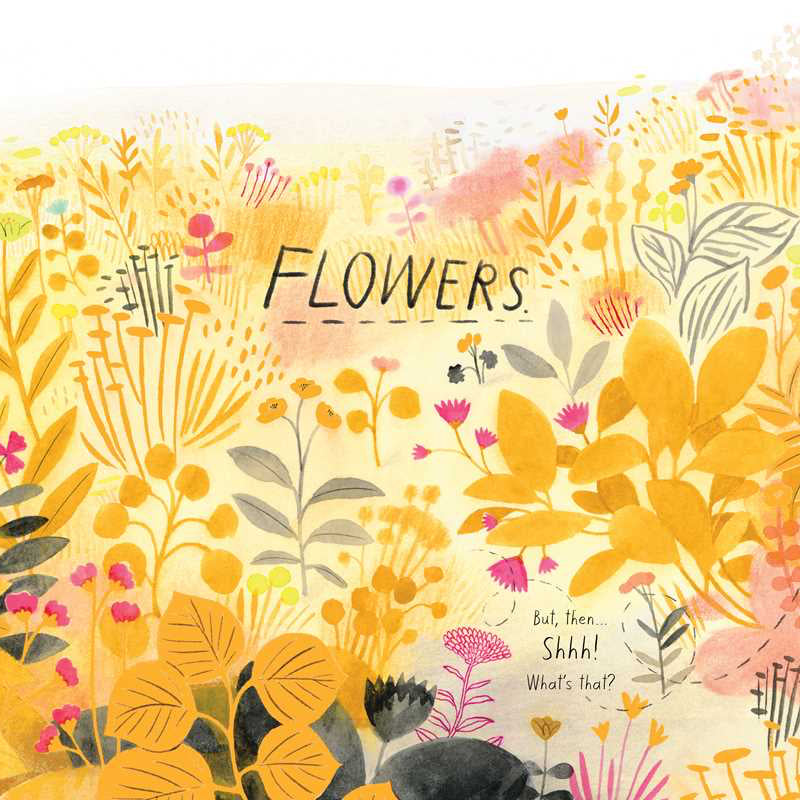 Illustration of a floral scene with 'FLOWERS' text and animals among the flowers.