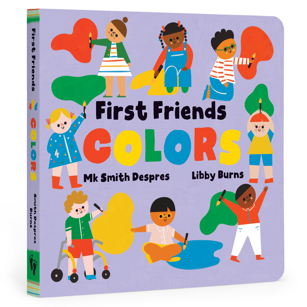 Book cover of 'First Friends Colors' with illustrations of children holding colorful shapes.