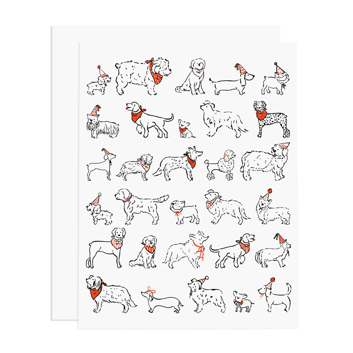 Illustrations of various dogs with bandanas on a white background