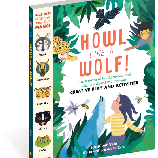 Children's activity book titled "Howl Like a Wolf!" shown at an angle with the front cover and spine visible. The cover features colorful illustrated jungle foliage, animals, and a child looking up at a howling wolf.