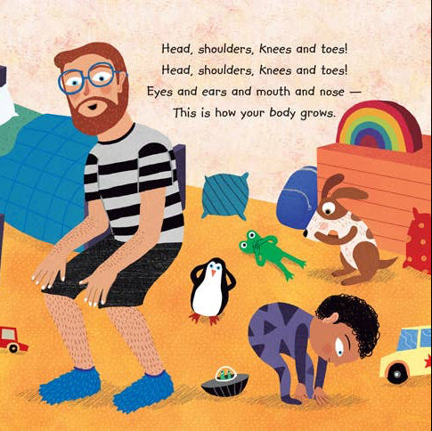 Book cover of 'Head, Shoulders, Knees and Toes' with colorful illustrations of children and objects.