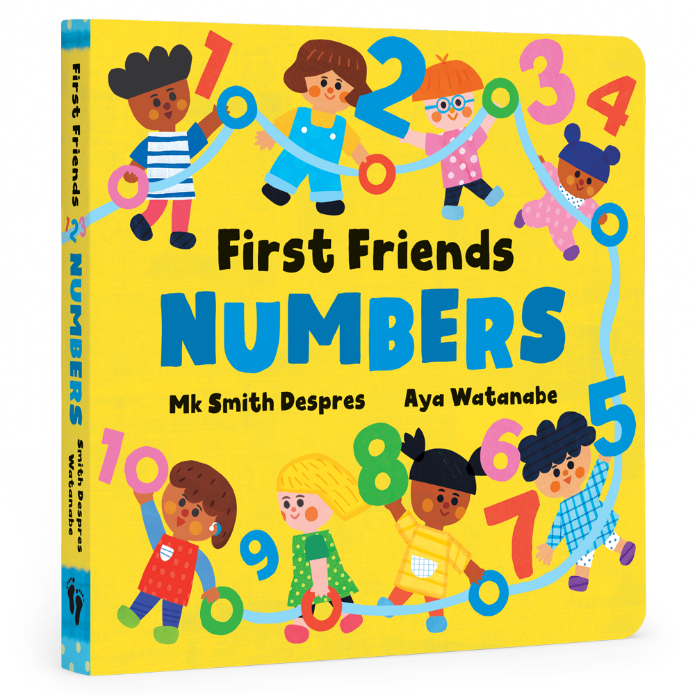 Children's book titled 'First Friends Numbers' with colorful illustrations on a yellow background