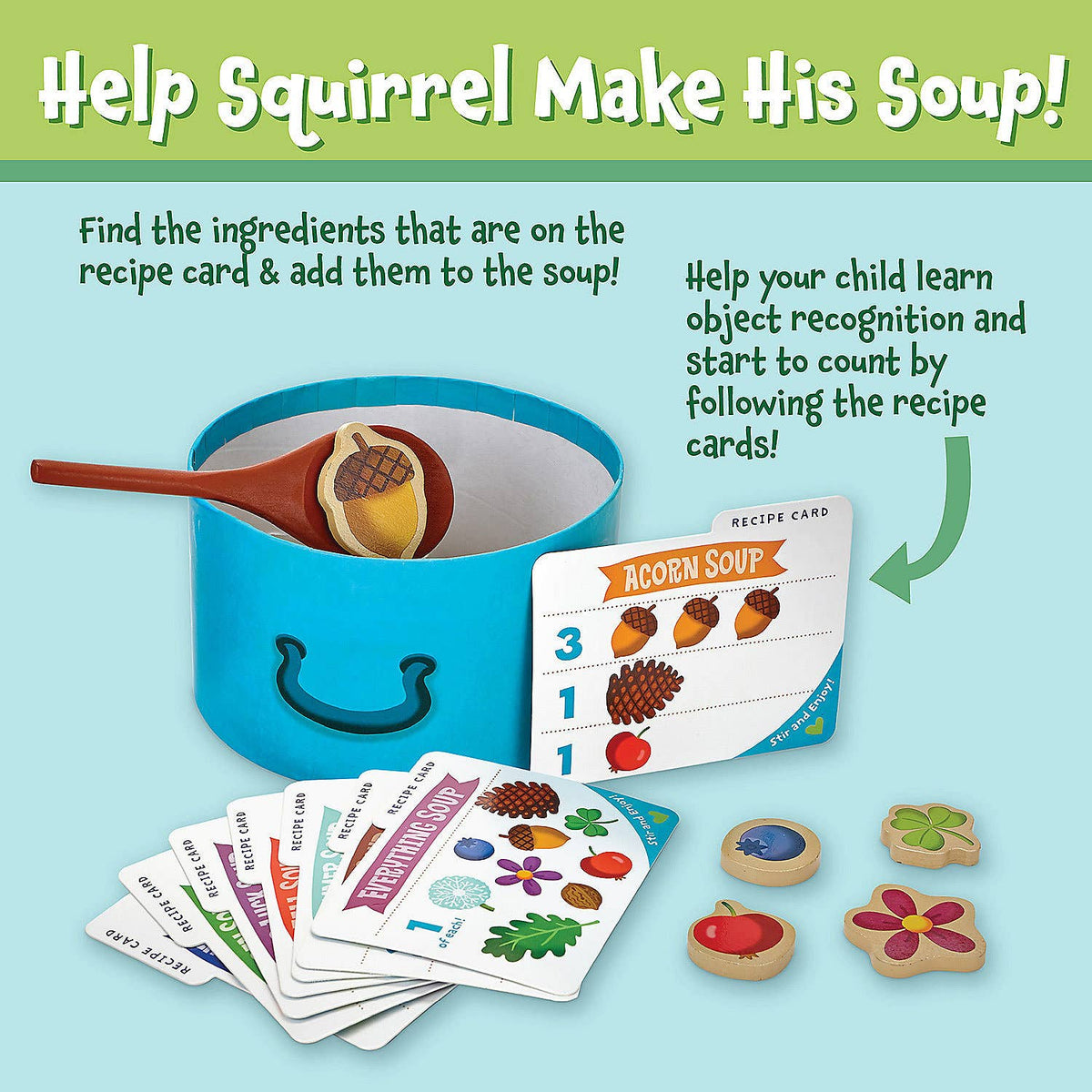 Educational toy set with a pot, recipe card, and wooden ingredients on a light blue background