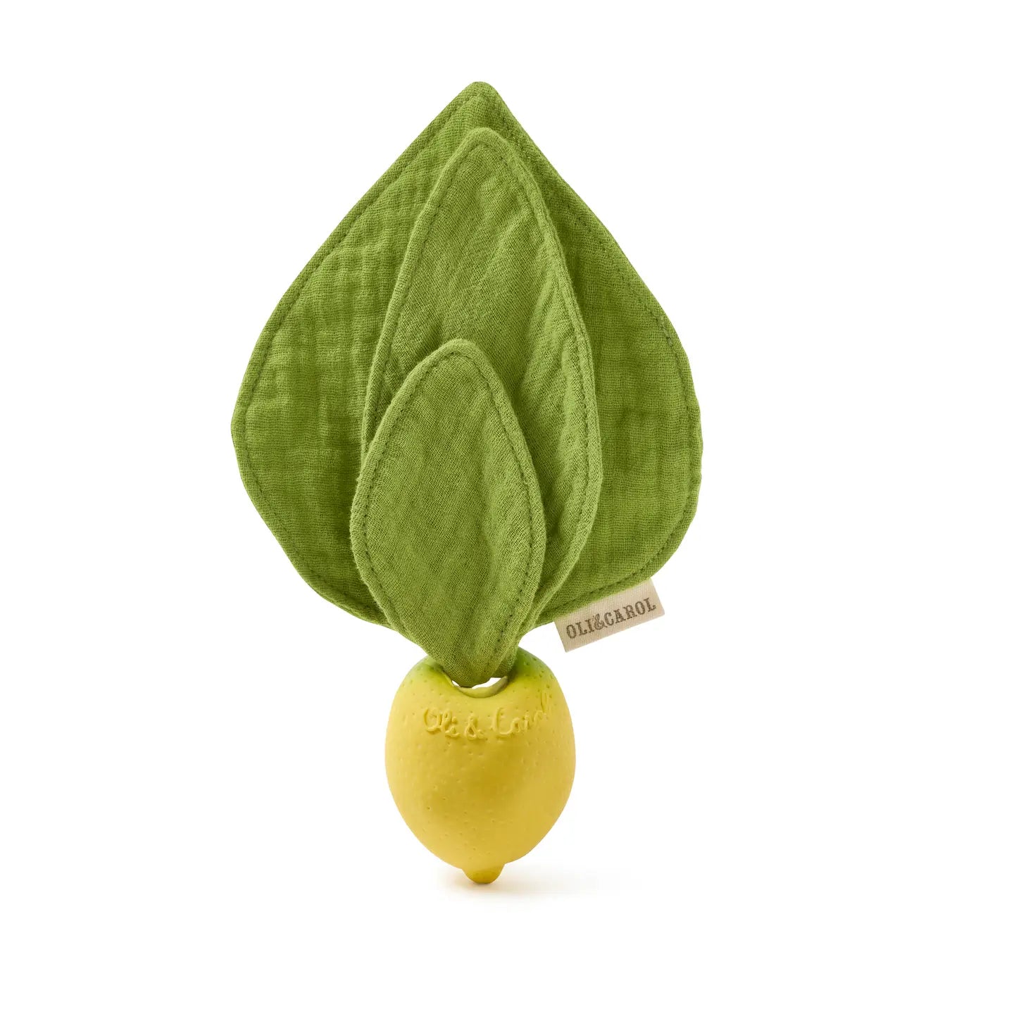 Green leaf-shaped toy with a yellow base on a white background
