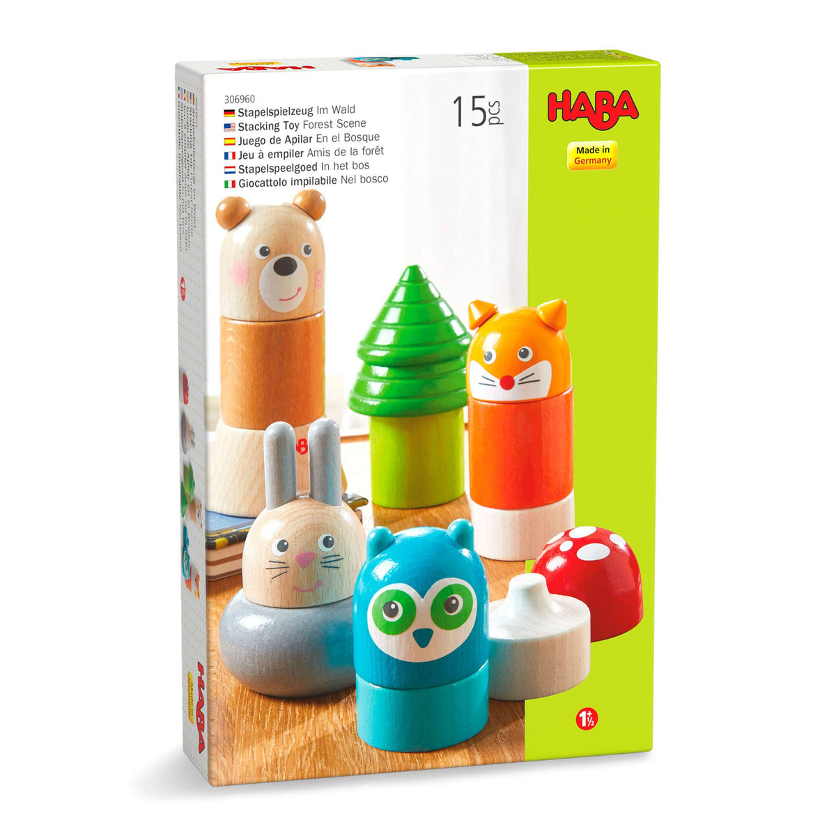 HABA toy packaging with colorful animal-shaped blocks on a white background