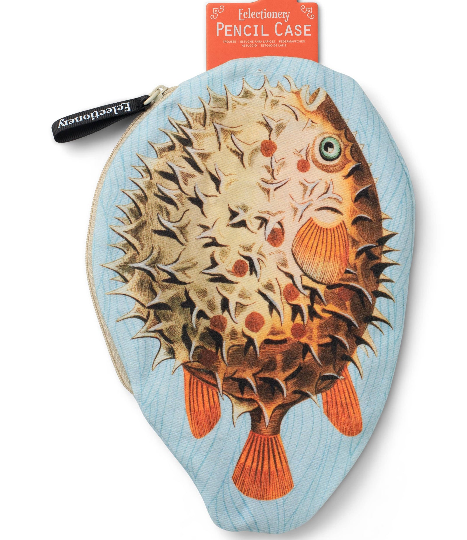 Puffer fish pencil case with packaging on a white background