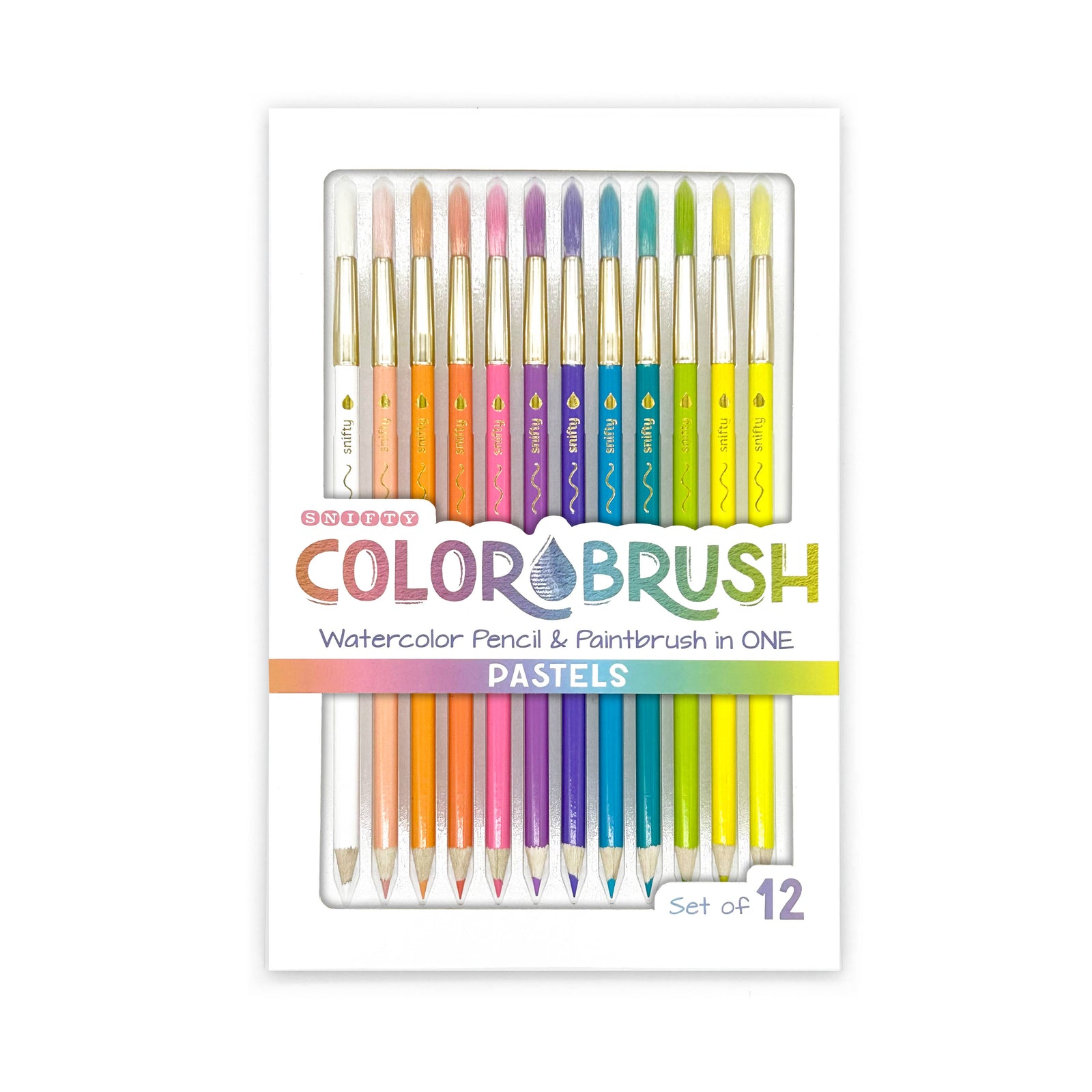 Set of 12 ColorBrush watercolor pencils and paintbrushes in pastel colors on a white background.