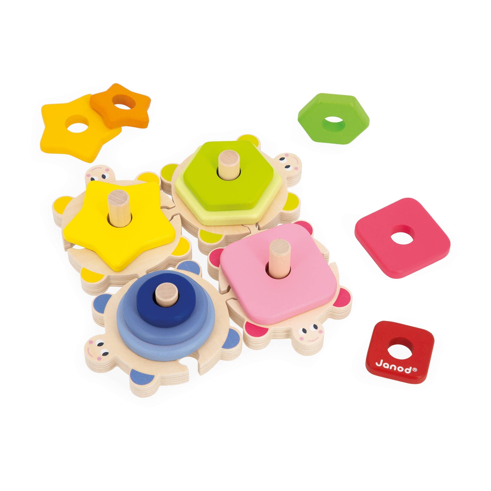 Colorful wooden toy with geometric shapes on a white background