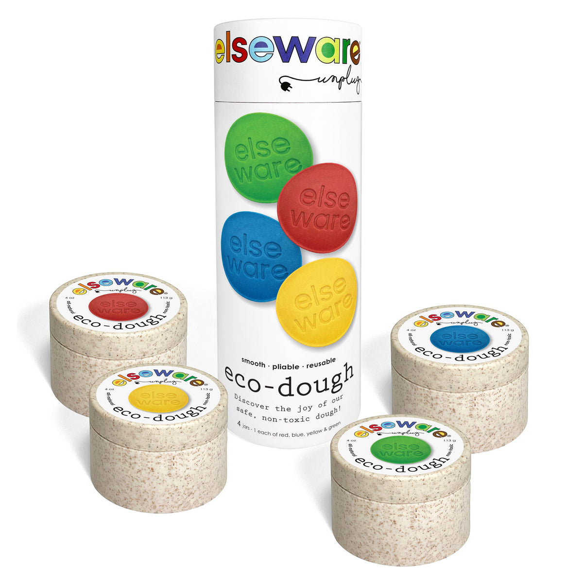Set of eco-dough containers with colorful labels and a packaging tube labeled 'elseware' on a white background.