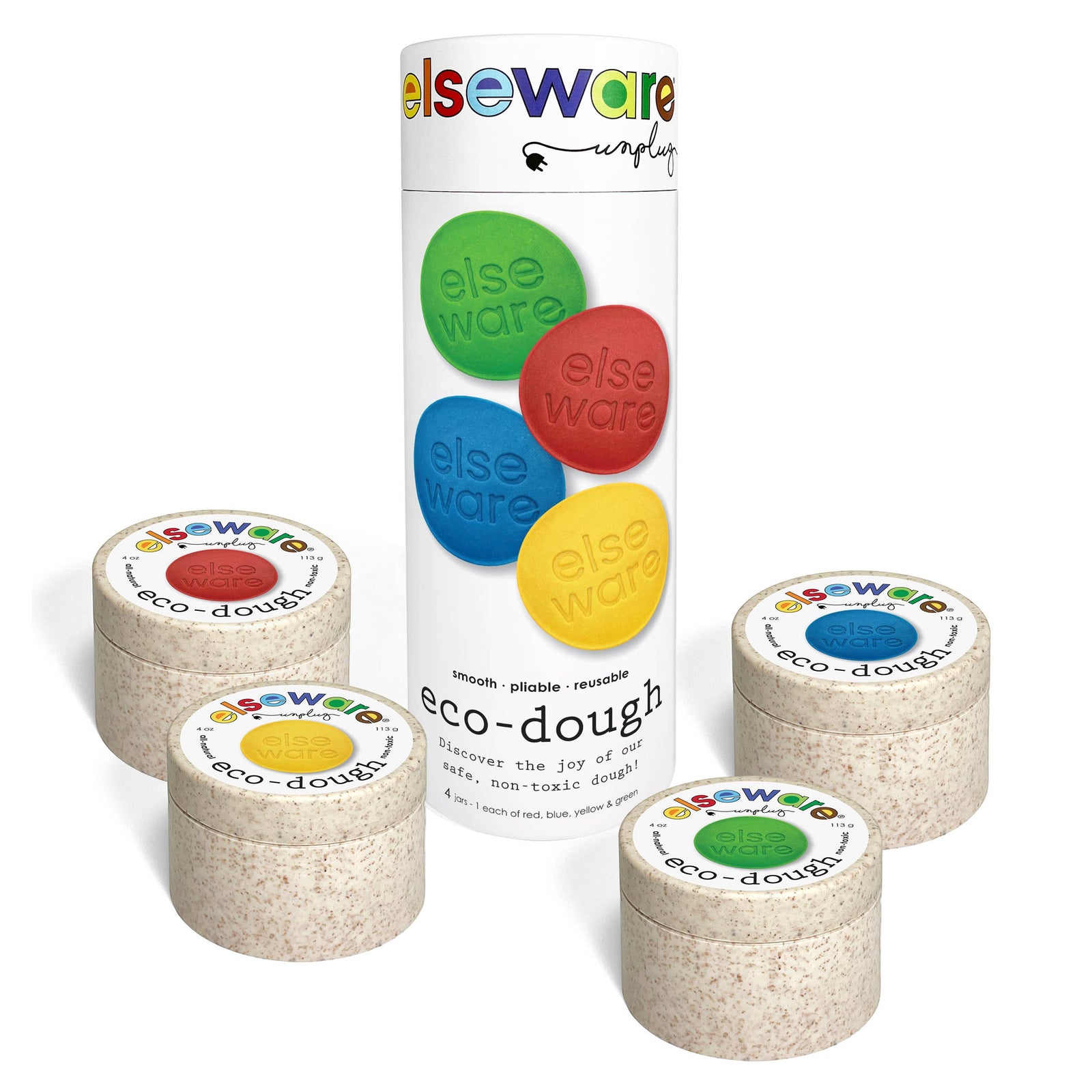 Set of eco-dough containers with colorful labels and a packaging tube labeled 'elseware' on a white background.
