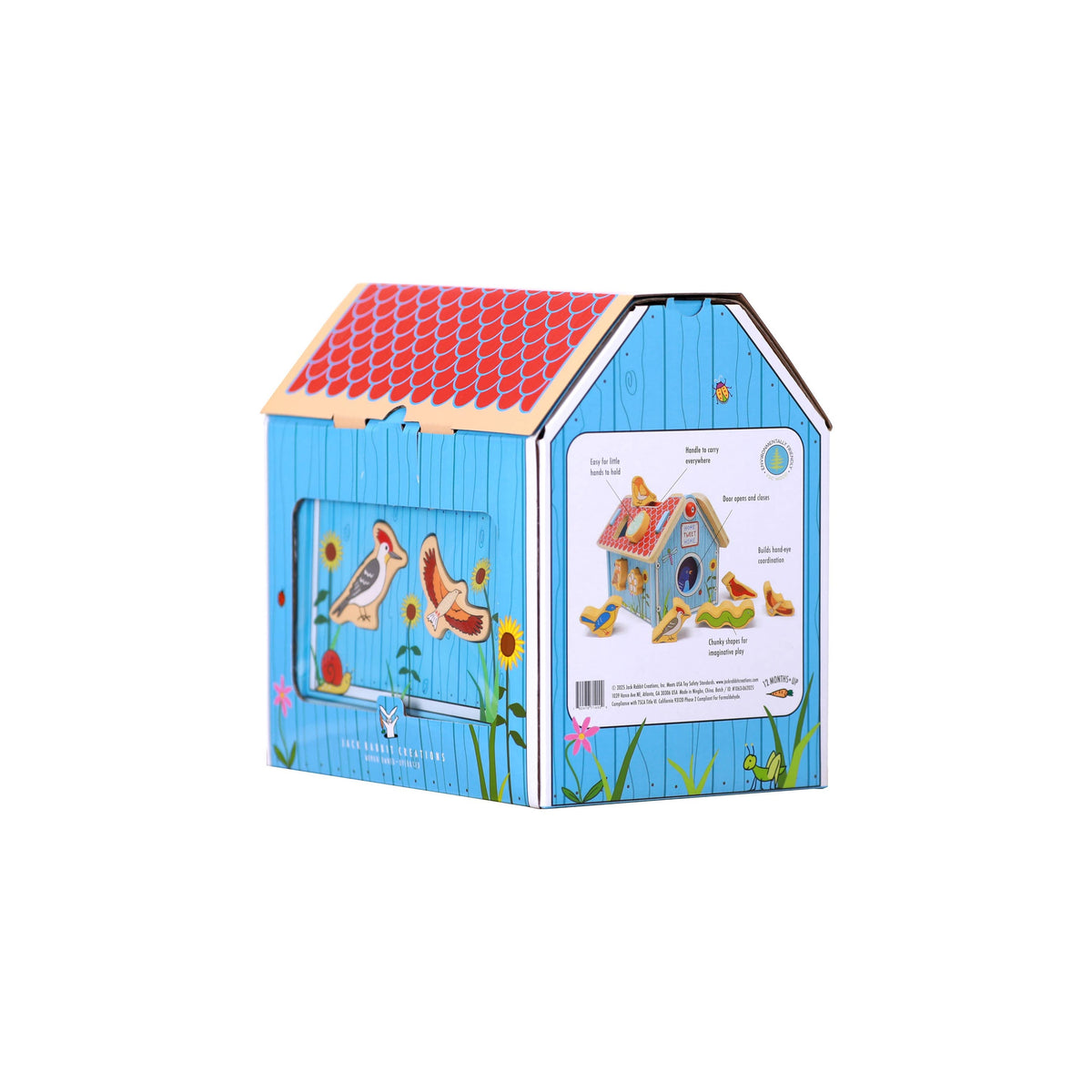 Children's toy birdhouse packaging with colorful design on a white background