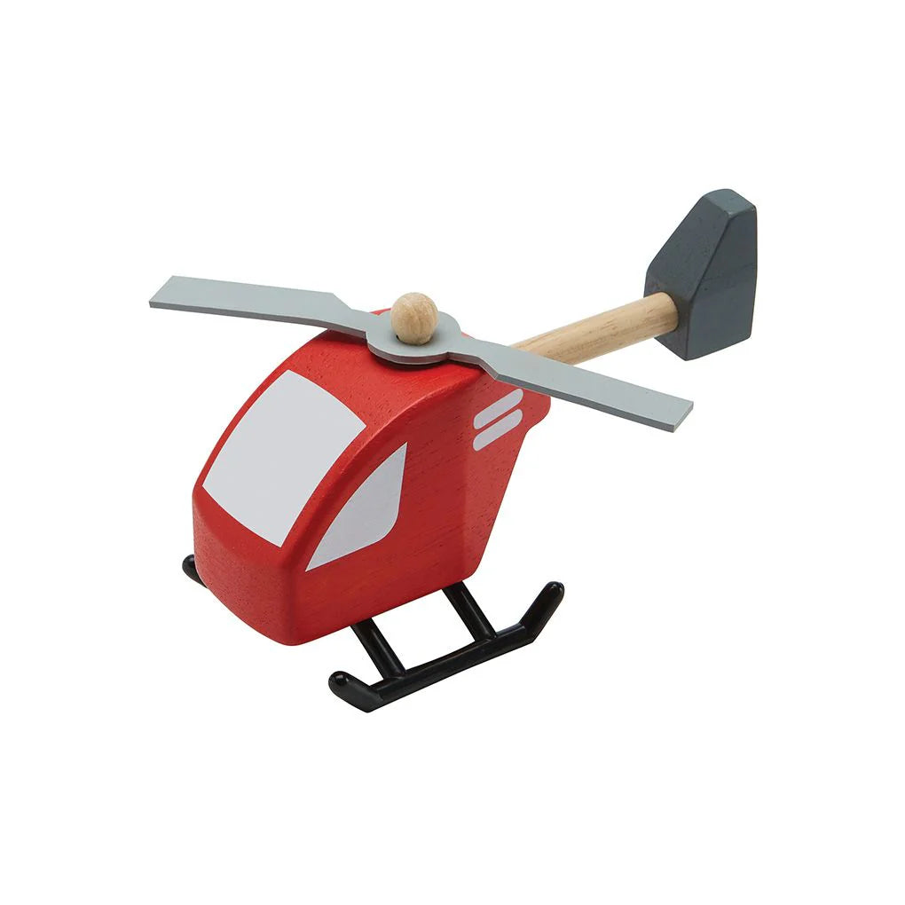 Red toy helicopter with a white stripe on a white background