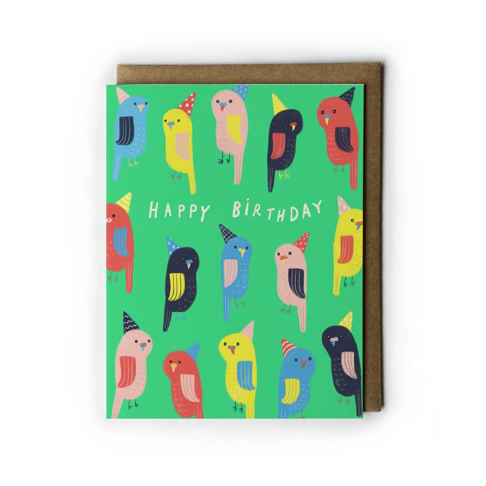 Birthday card with colorful birds on a green background