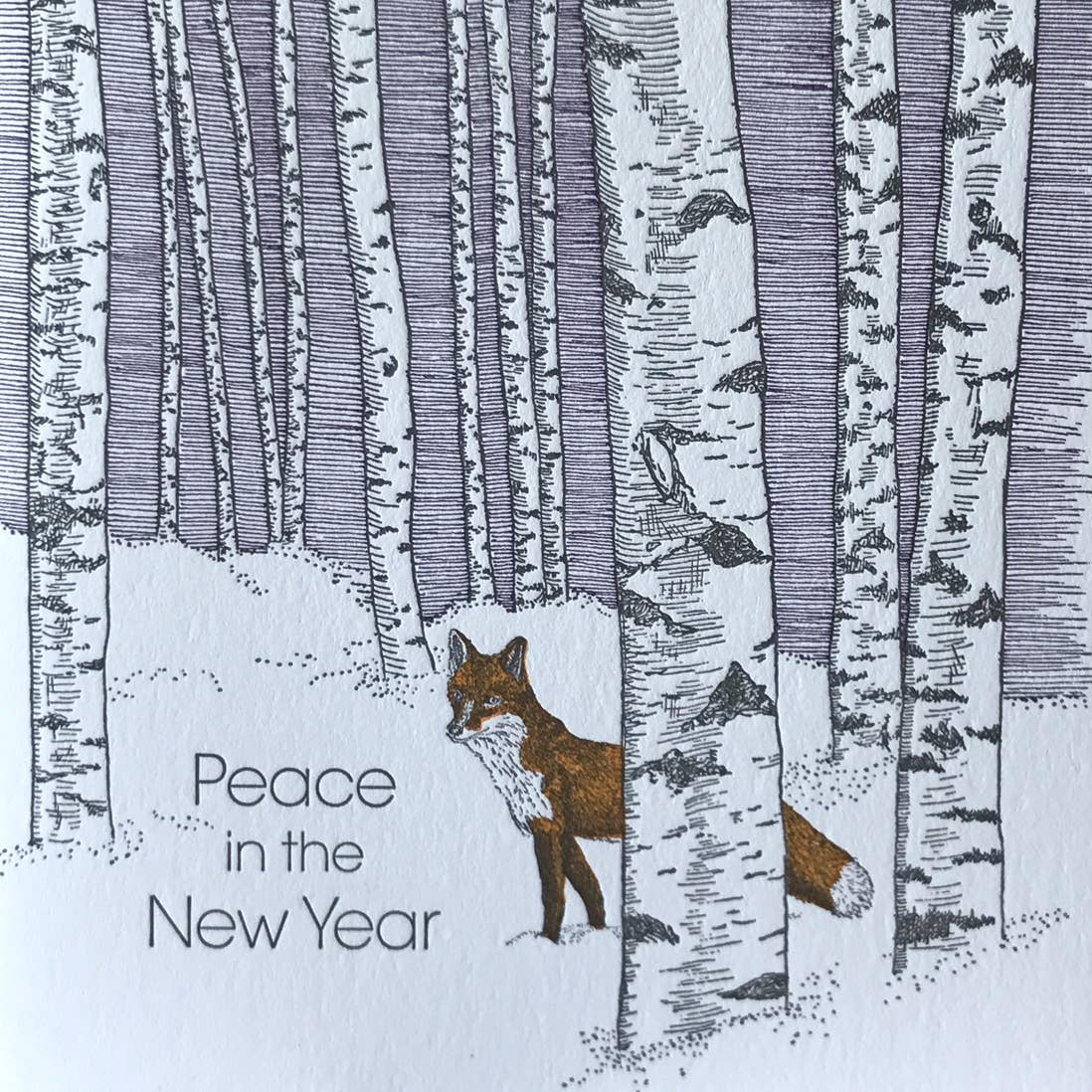 Illustration of a fox in a snowy forest with 'Peace in the New Year' text.
