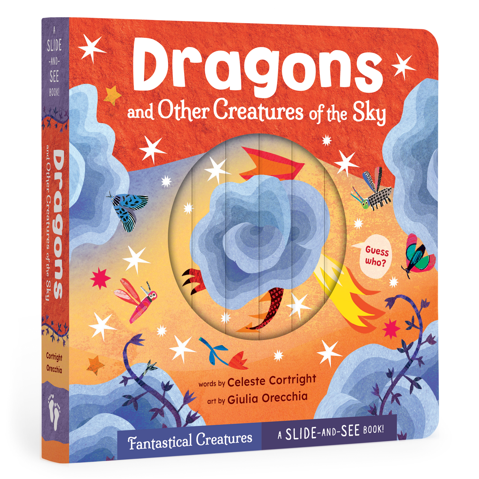 Book cover of 'Dragons and Other Creatures of the Sky' with colorful illustrations and a sliding panel.