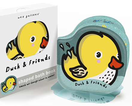 Shaped bath book with duck design and packaging on a white background