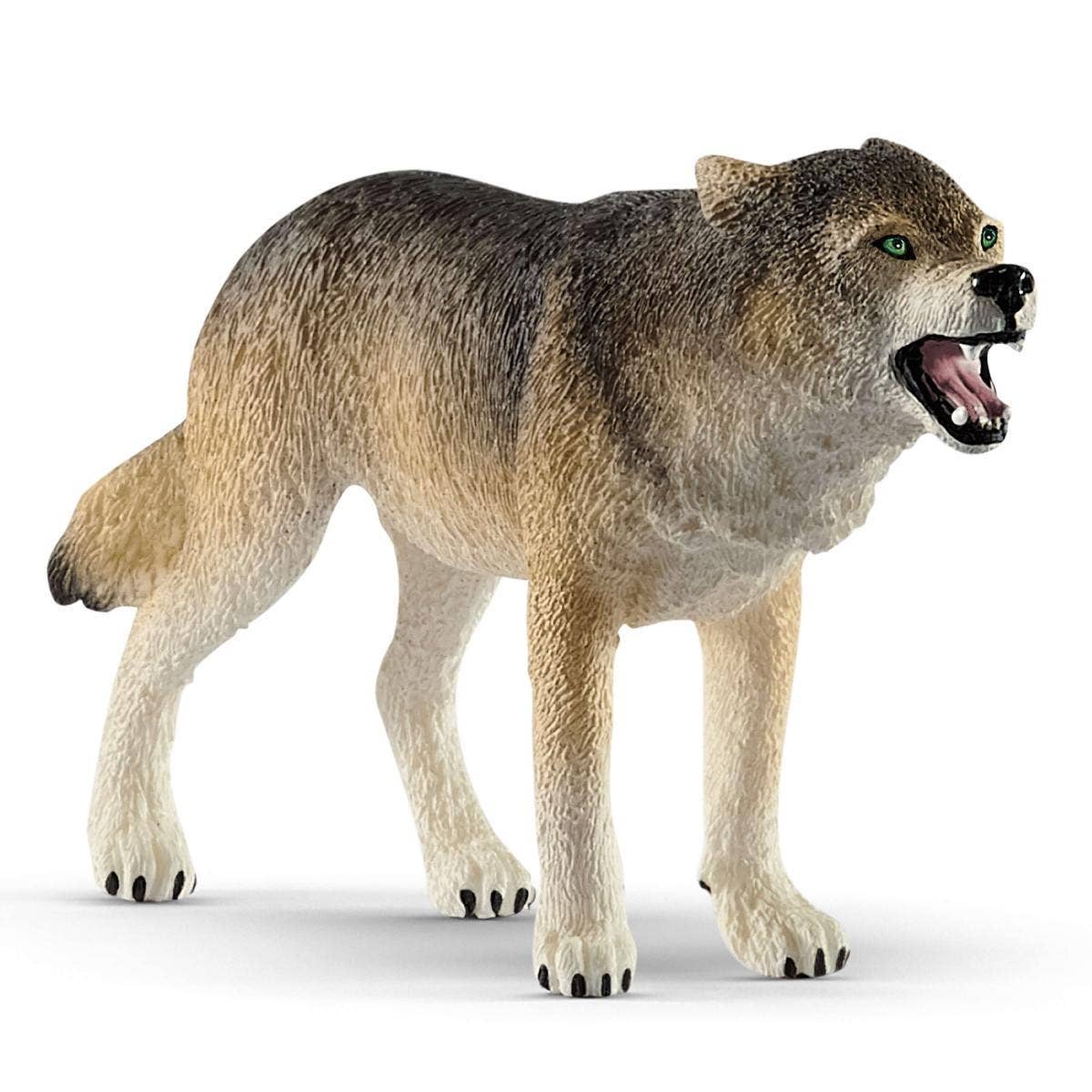 Wolf figurine with an open mouth on a white background
