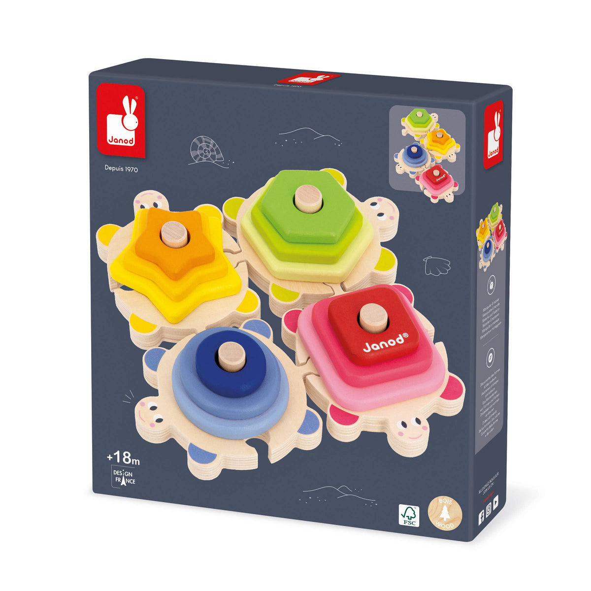 Box of colorful wooden stacking pieces