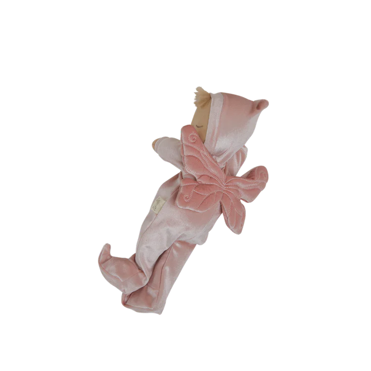 Pink plush toy with a bow on a white background