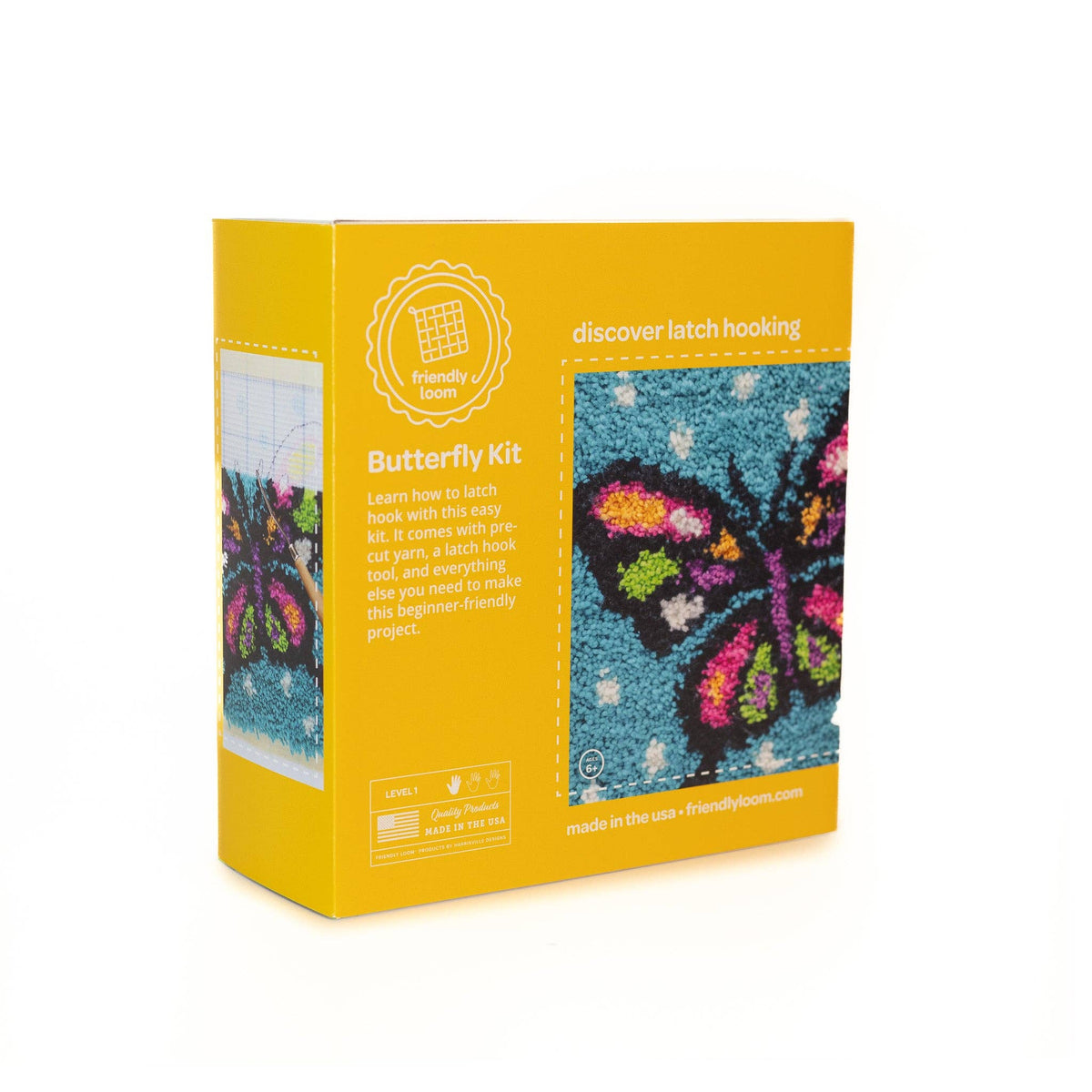 Butterfly latch hooking kit packaging with colorful butterfly design on a yellow background