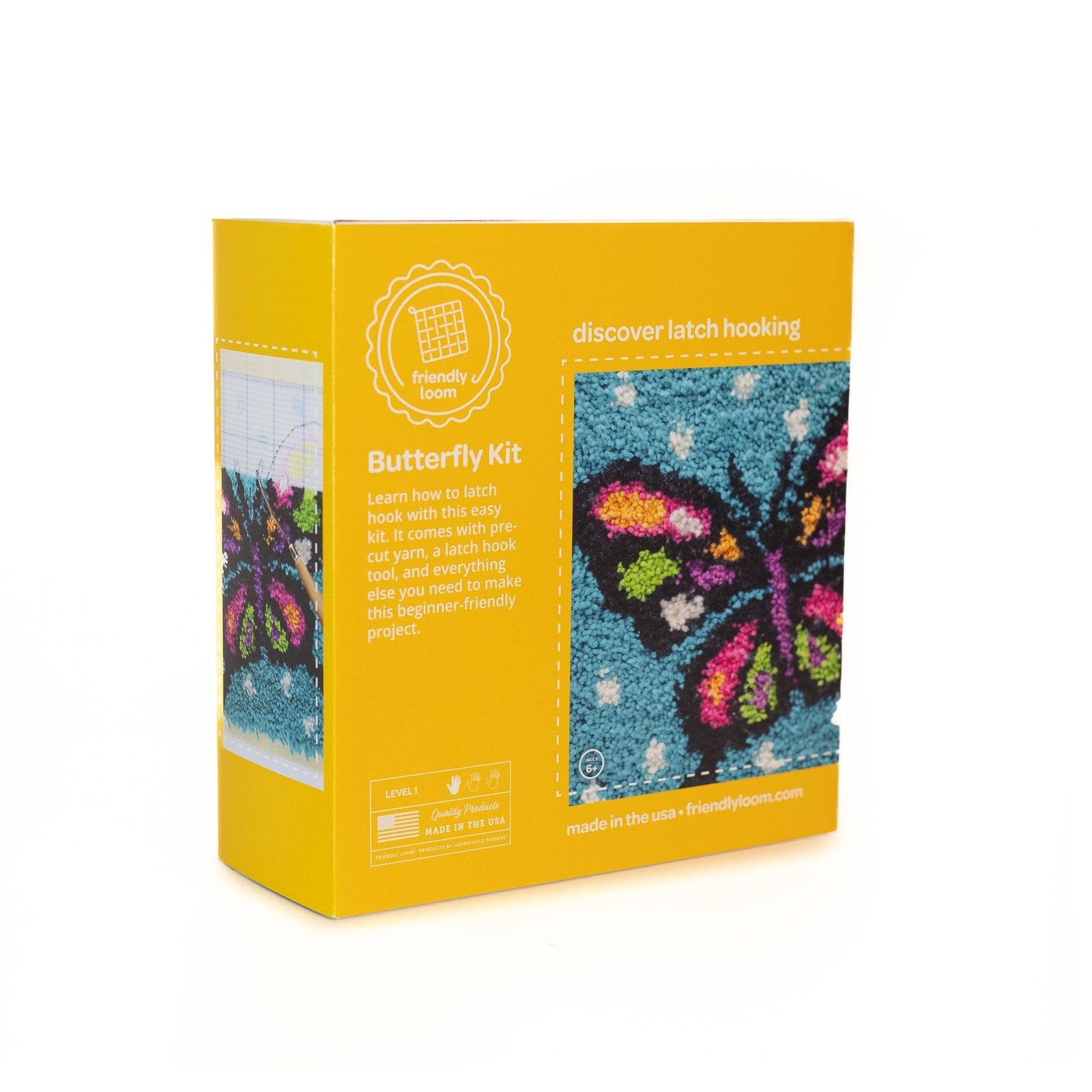 Butterfly latch hooking kit packaging with colorful butterfly design on a yellow background