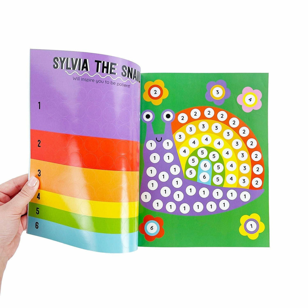 Colorful children's book open to a page with a snail design and numbers.