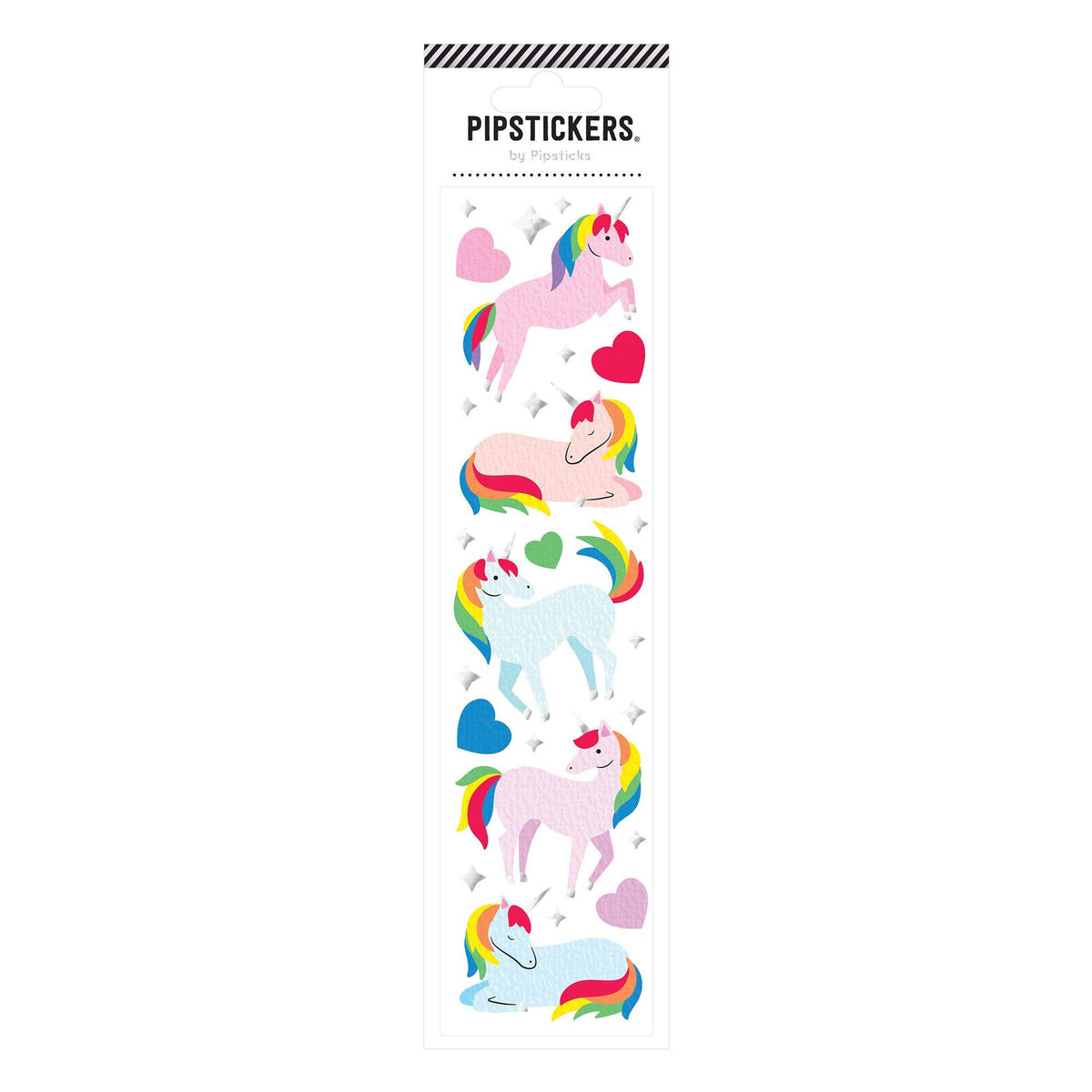 Sheet of colorful unicorn stickers with 'PipStickers' branding on a white background
