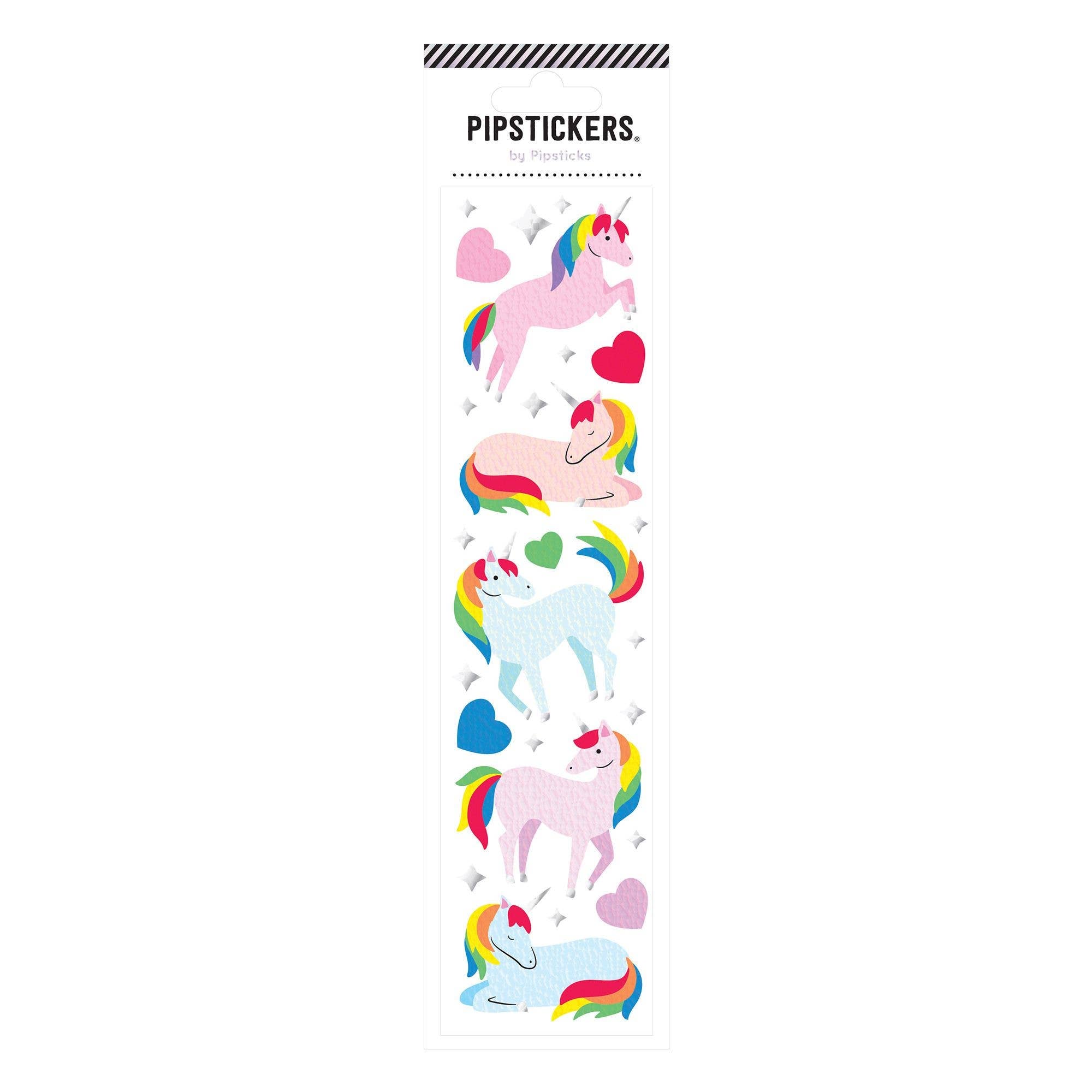Sheet of colorful unicorn stickers with 'PipStickers' branding on a white background