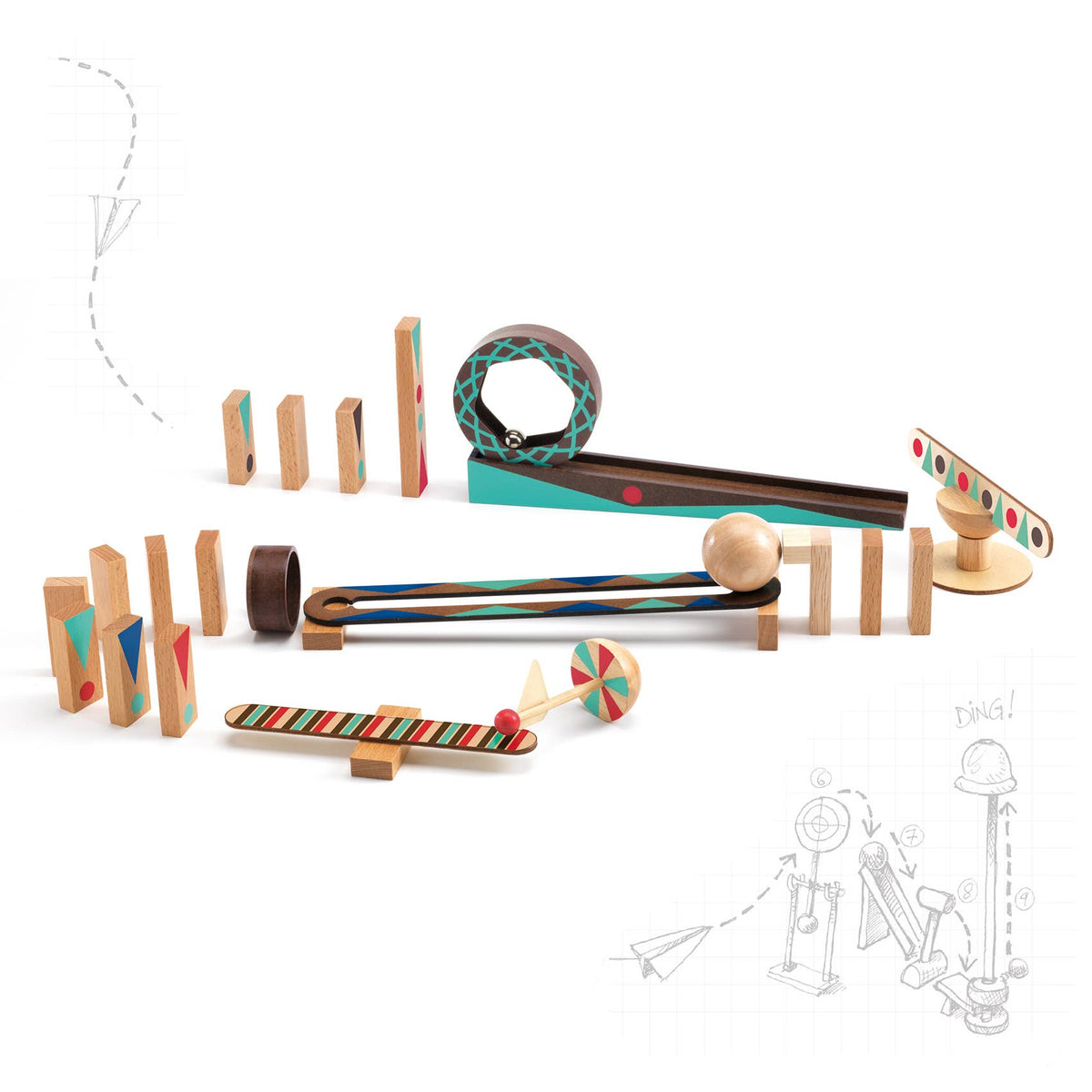 Colorful wooden toy track set on a white background