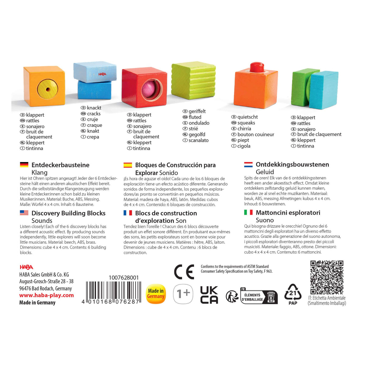 Back view of Haba discovery building blocks packaging with colorful blocks and text.