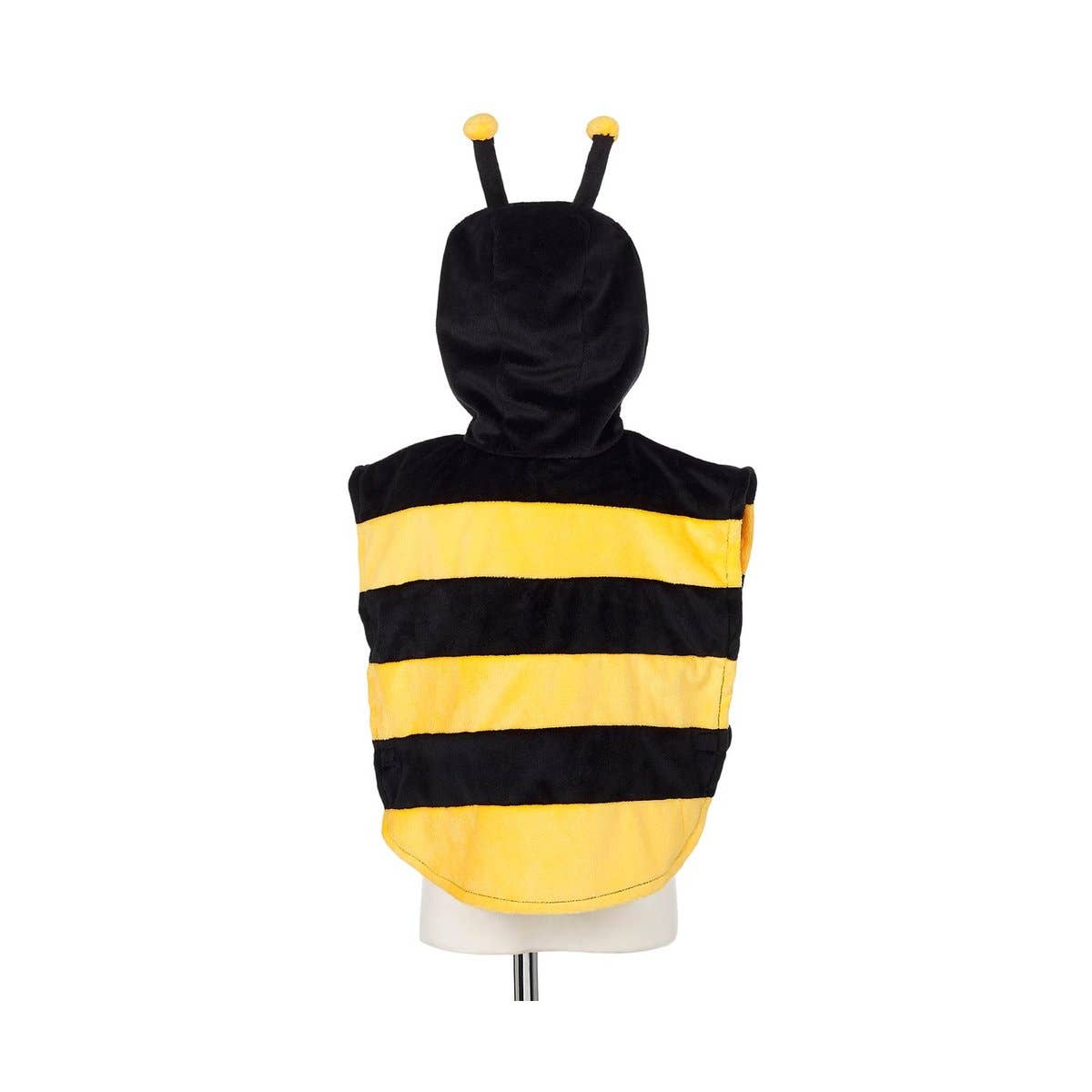 Yellow and black bee-themed hooded cape against a white background