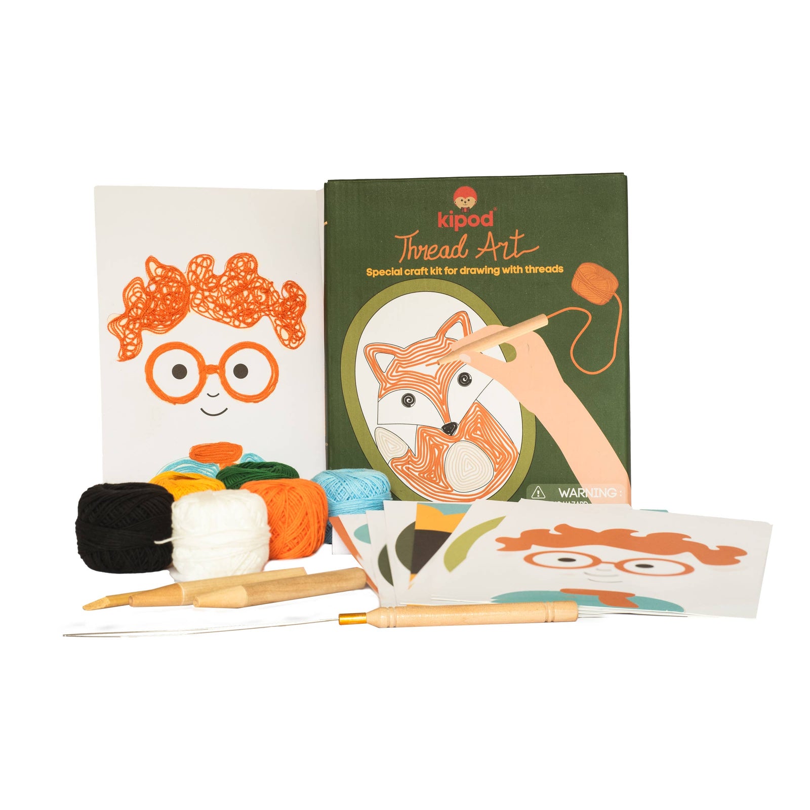 Kipod Thread Art craft kit packaging with a fox design and thread spool on a green background
