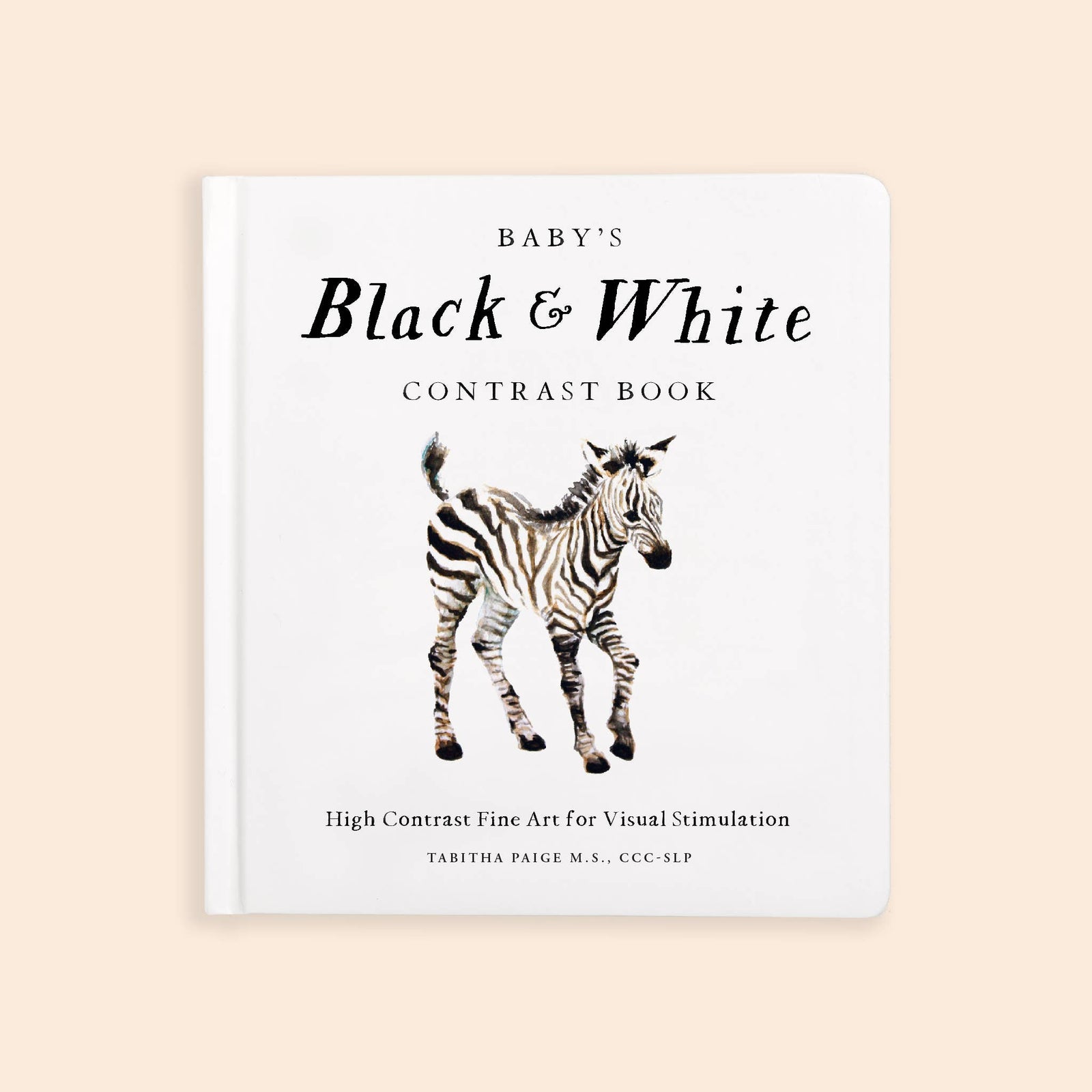 Book titled 'Baby's Black & White Contrast Book' with a zebra illustration on a beige background