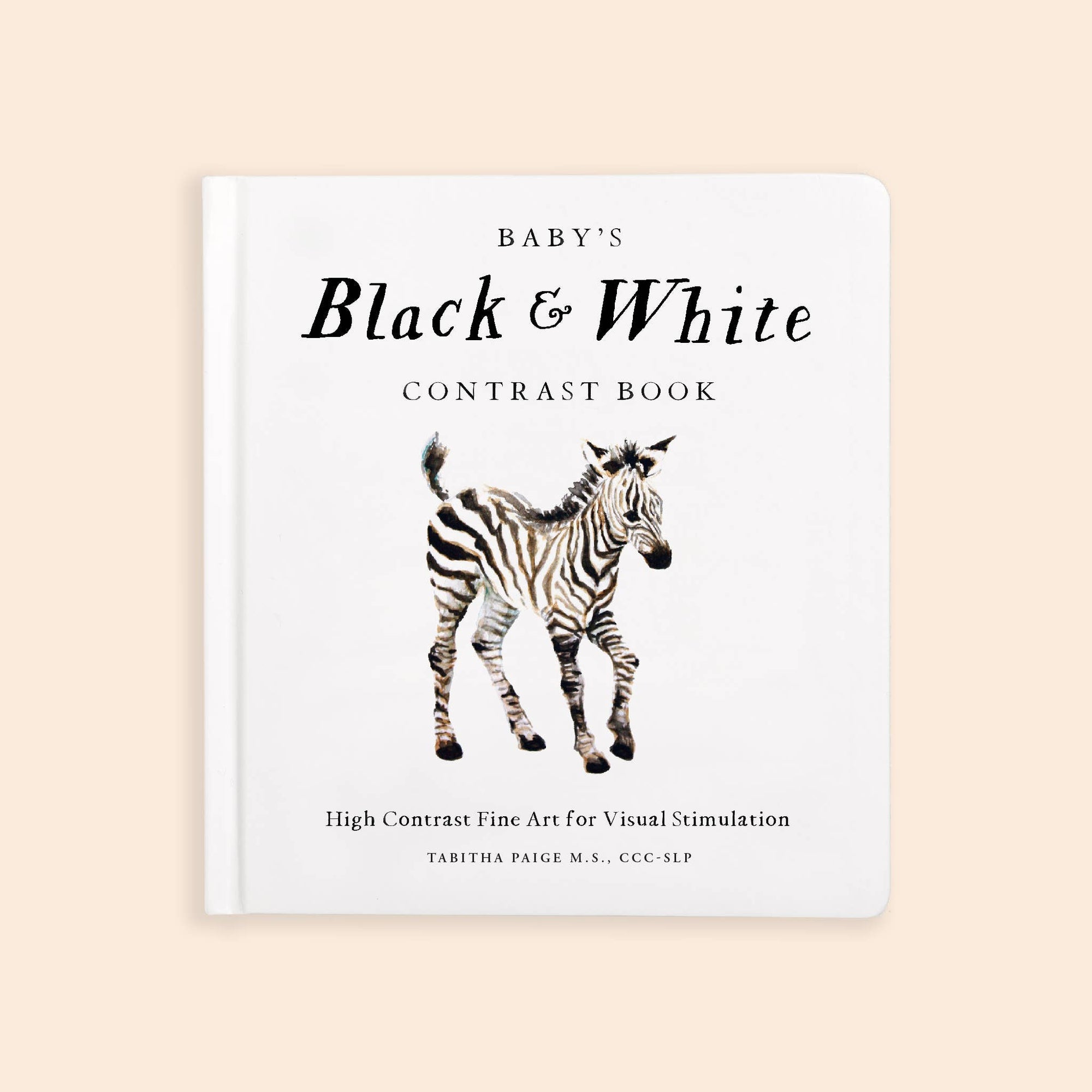 Book titled 'Baby's Black & White Contrast Book' with a zebra illustration on a beige background
