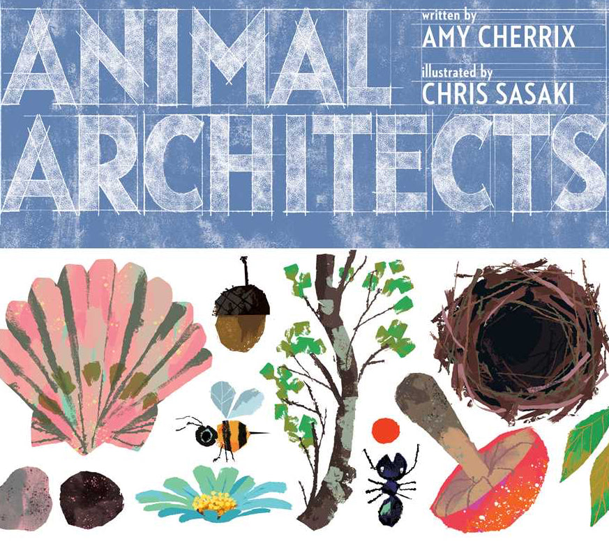 Book cover of 'Animal Architects' with illustrations of natural elements and text by Amy Cherrix and Chris Sasaki.