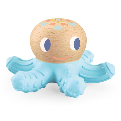 A wooden octopus baby teether toy with a light blue textured rubber body and a natural wood head featuring colorful painted details, shown on a white background.