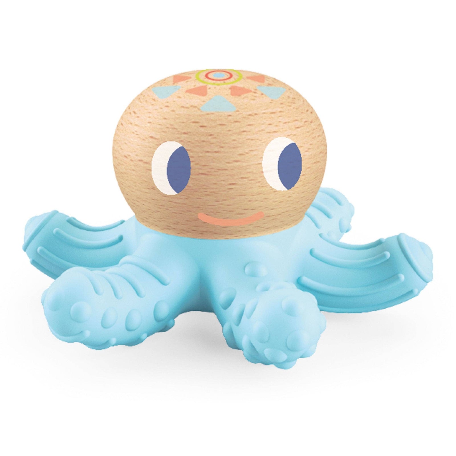 A wooden octopus baby teether toy with a light blue textured rubber body and a natural wood head featuring colorful painted details, shown on a white background.